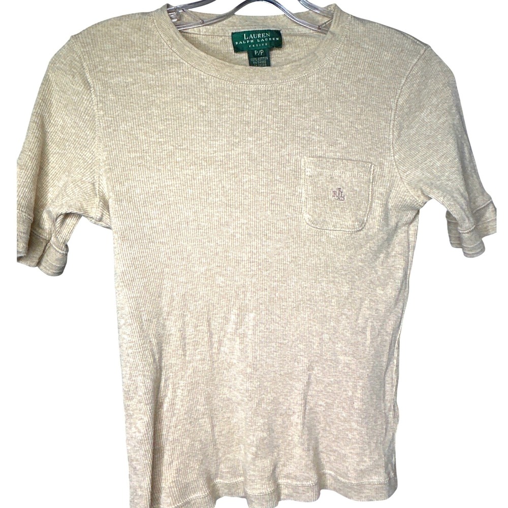 Lauren Ralph Lauren Petite Beige Ribbed Cotton Short Pocket T Shirt Top‎ P/P